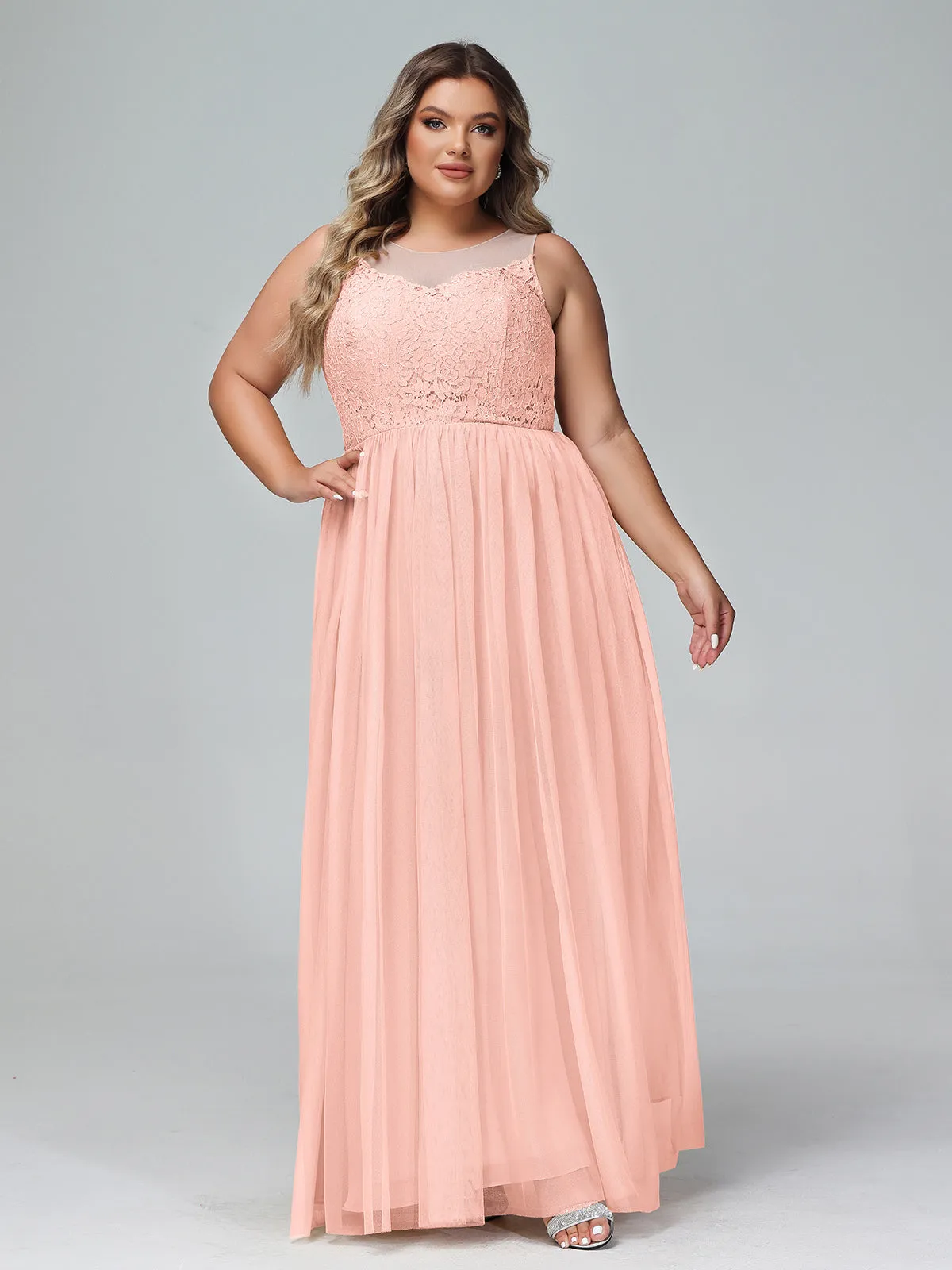 Illusion Neckline Lace and Tulle Maxi Dress-Coral Plus Size