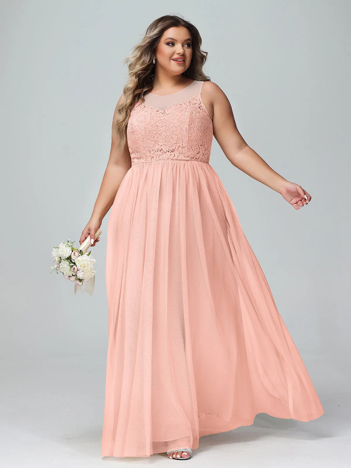 Illusion Neckline Lace and Tulle Maxi Dress-Coral Plus Size
