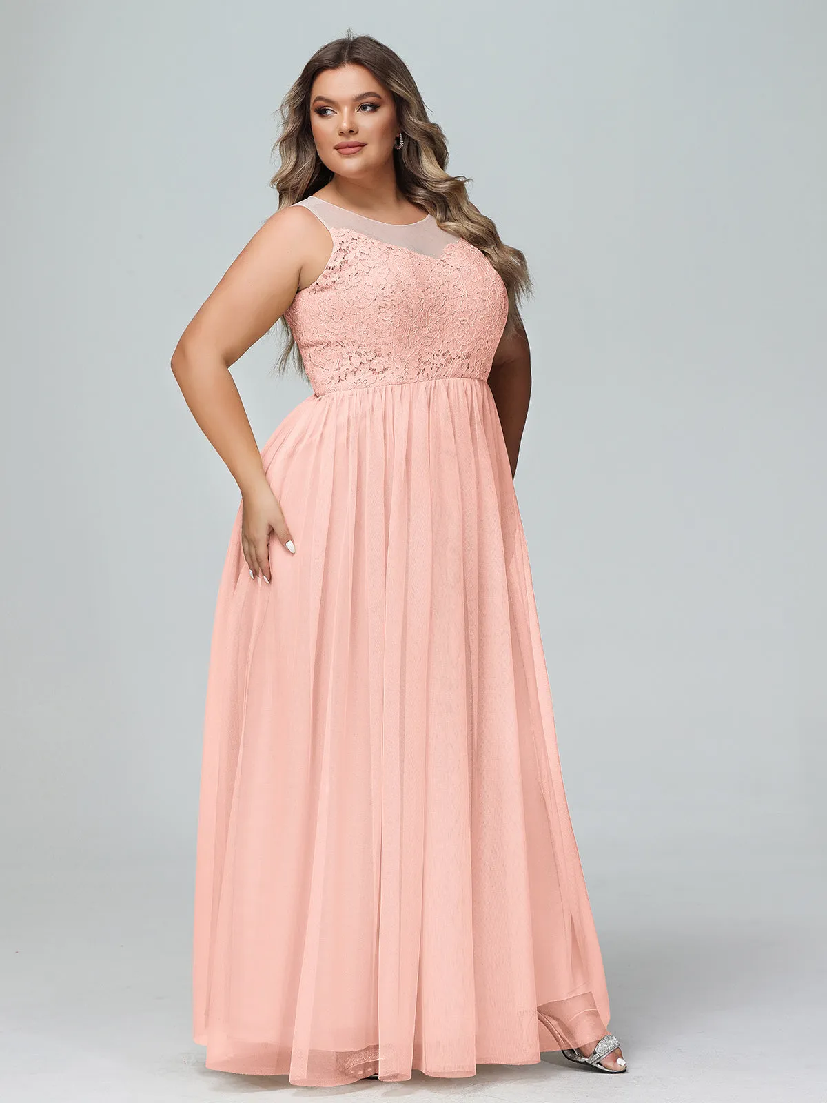 Illusion Neckline Lace and Tulle Maxi Dress-Coral Plus Size