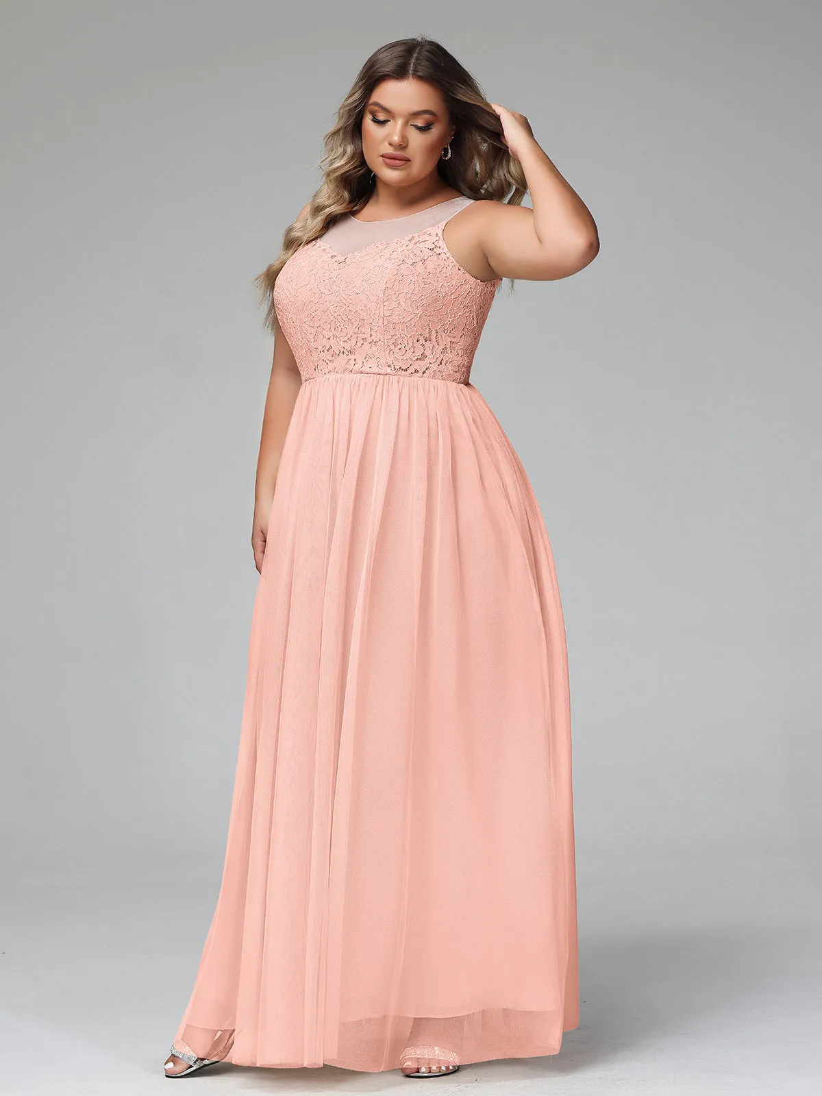 Illusion Neckline Lace and Tulle Maxi Dress-Coral Plus Size