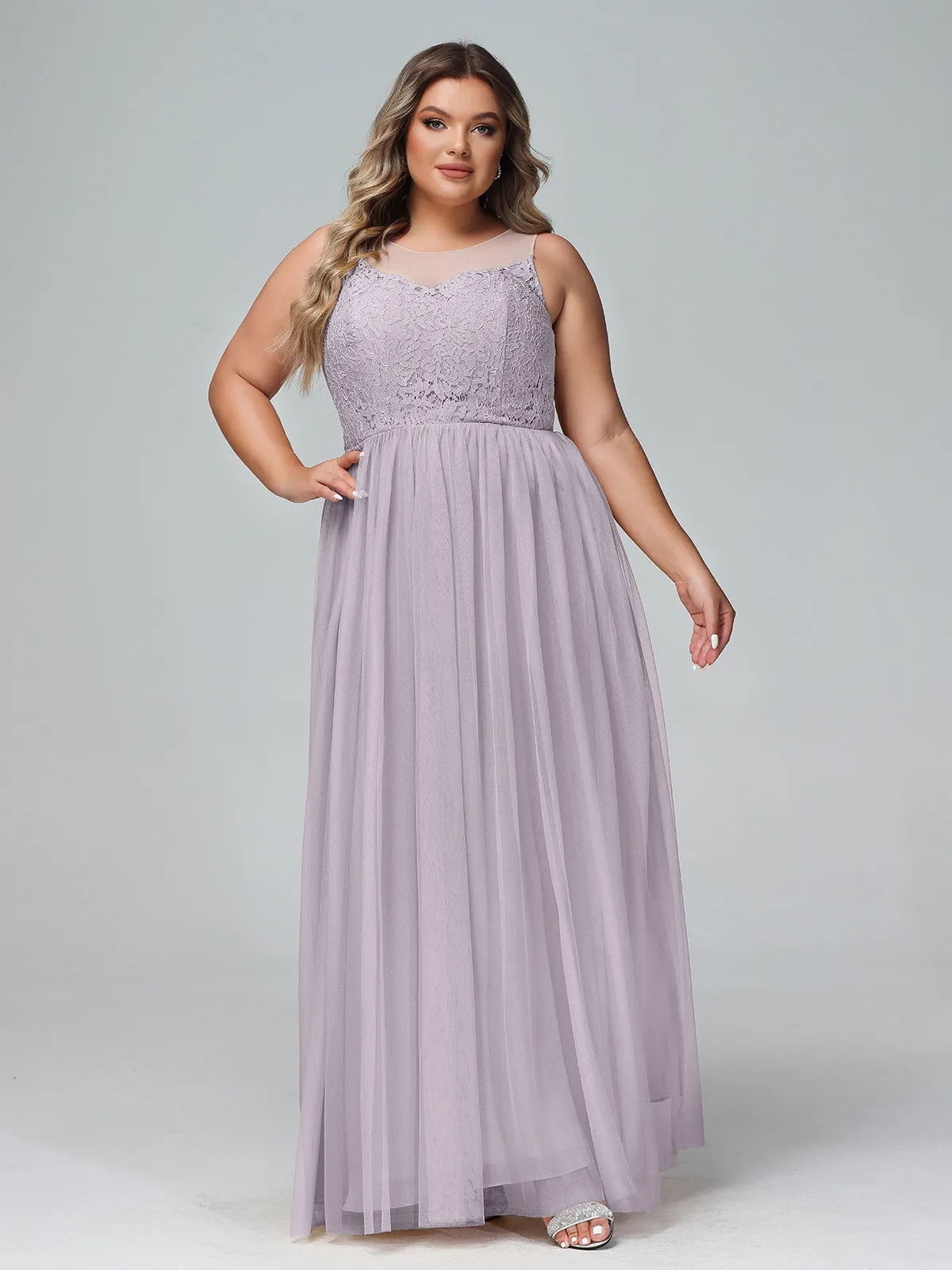 Illusion Neckline Lace and Tulle Maxi Dress-Dusk Plus Size