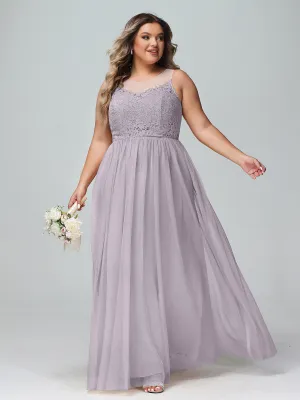 Illusion Neckline Lace and Tulle Maxi Dress-Dusk Plus Size