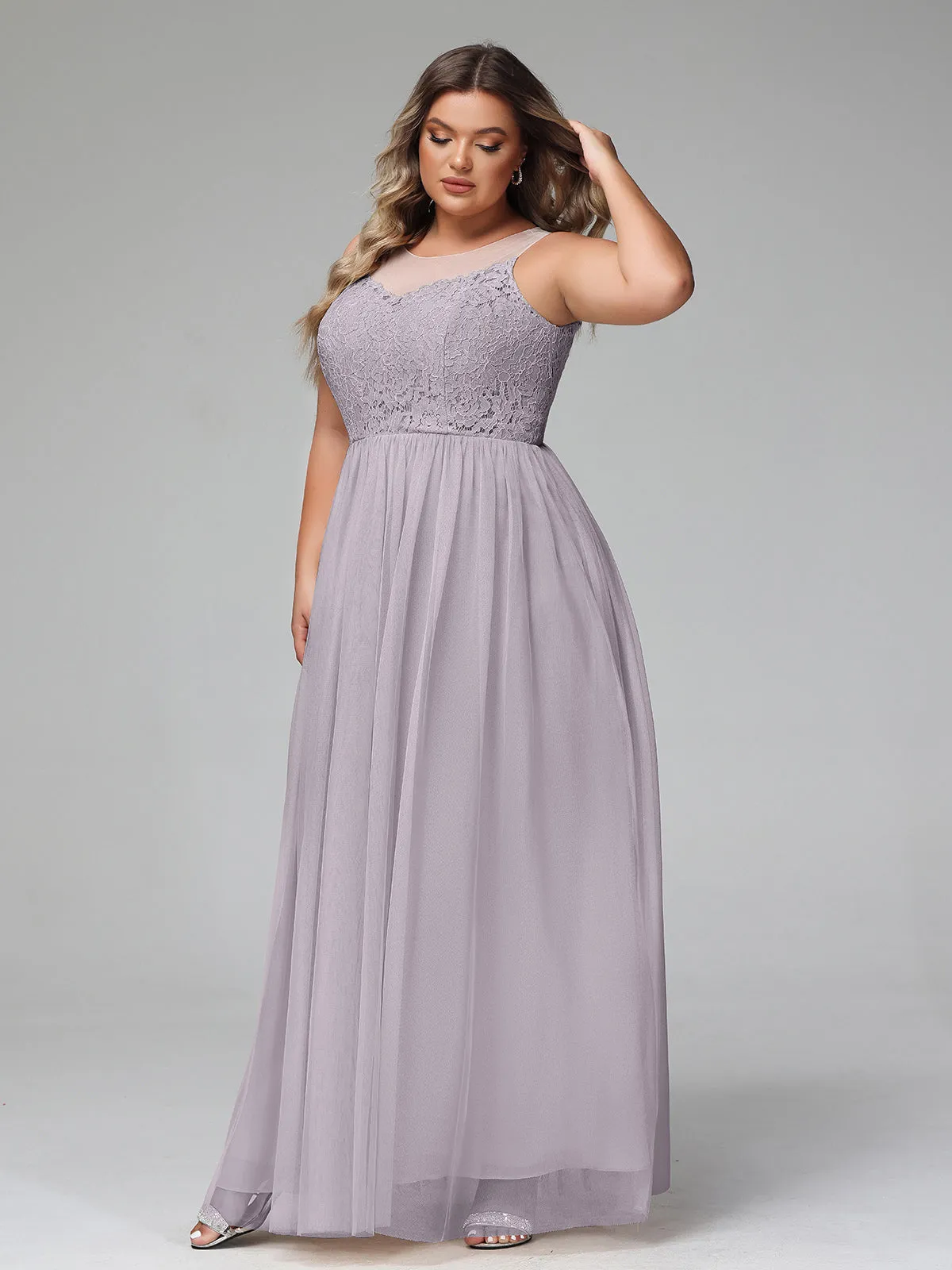 Illusion Neckline Lace and Tulle Maxi Dress-Dusk Plus Size