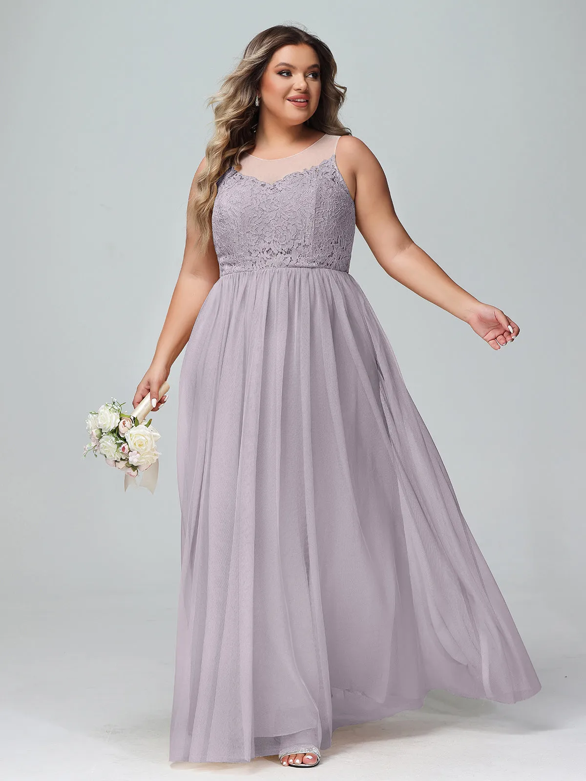 Illusion Neckline Lace and Tulle Maxi Dress-Dusk Plus Size
