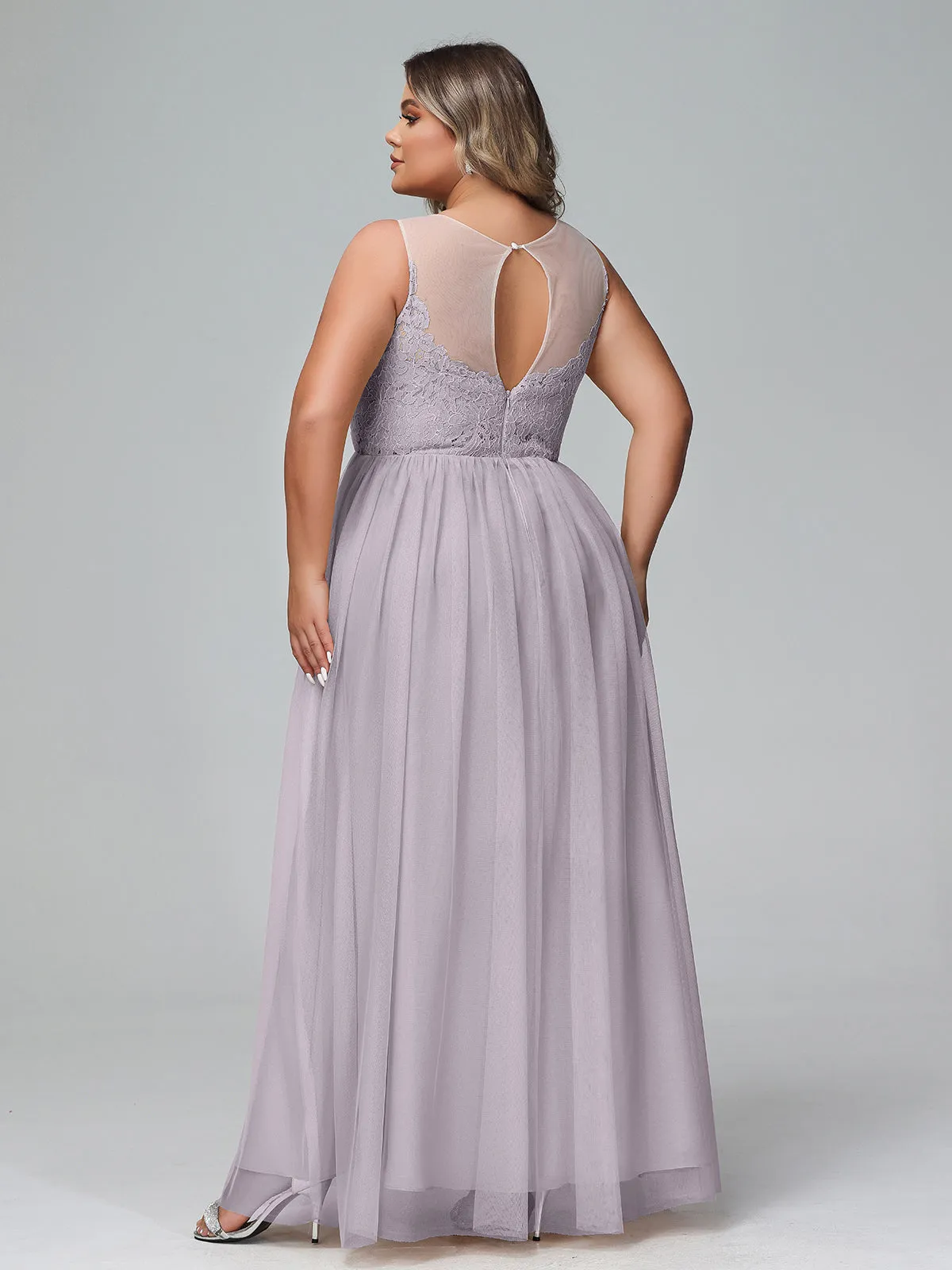 Illusion Neckline Lace and Tulle Maxi Dress-Dusk Plus Size