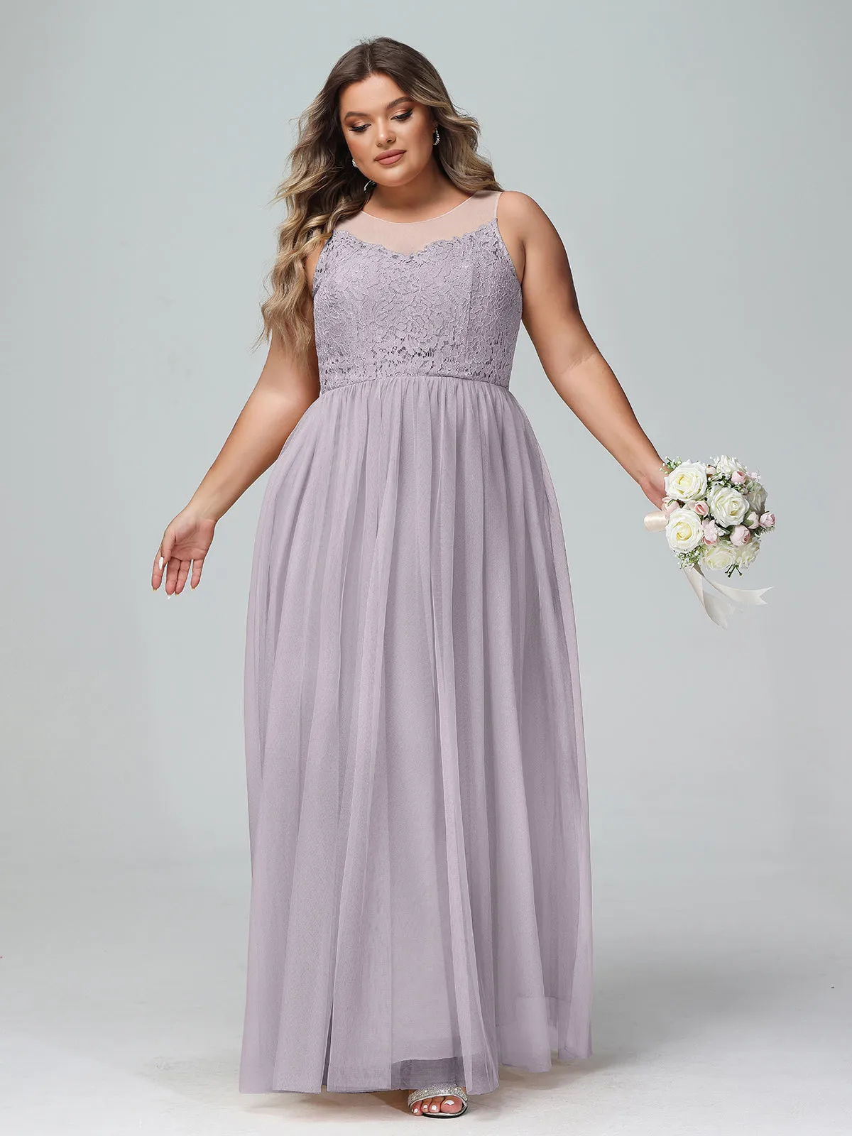 Illusion Neckline Lace and Tulle Maxi Dress-Dusk Plus Size
