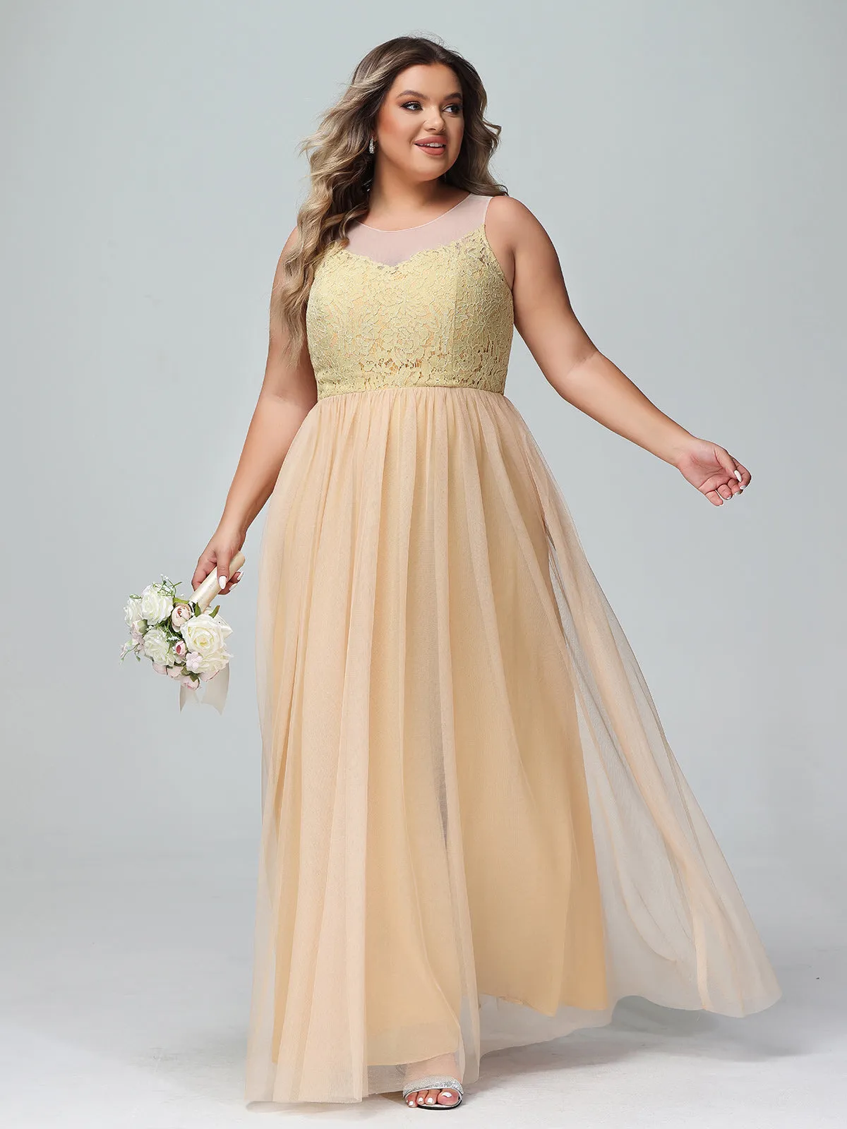 Illusion Neckline Lace and Tulle Maxi Dress-Gold Plus Size
