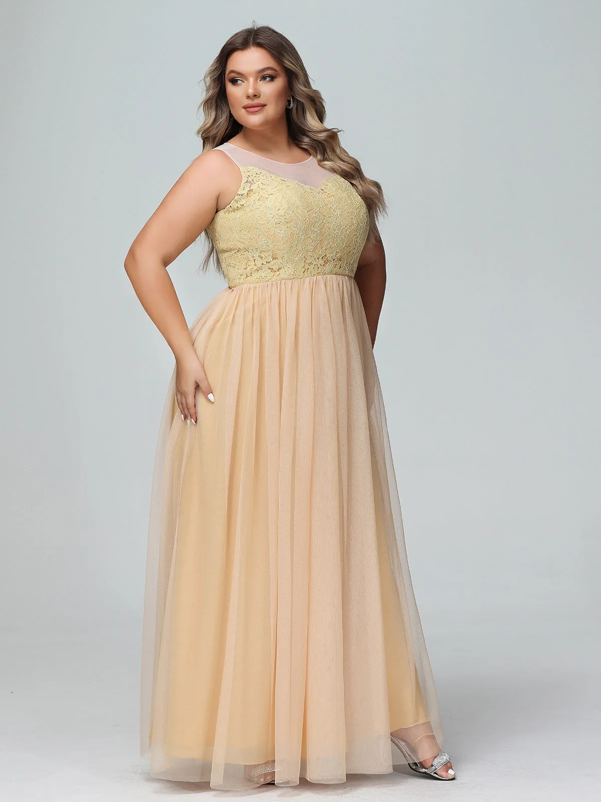 Illusion Neckline Lace and Tulle Maxi Dress-Gold Plus Size