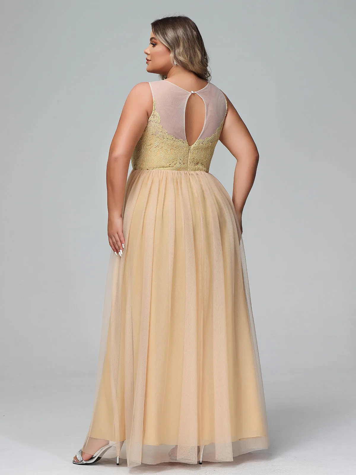 Illusion Neckline Lace and Tulle Maxi Dress-Gold Plus Size