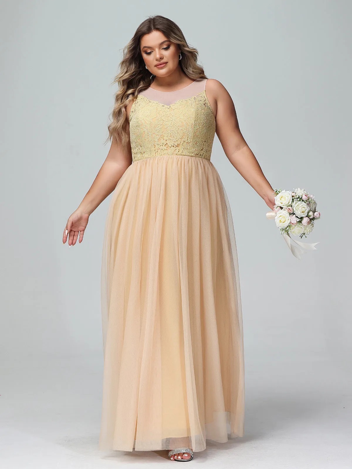 Illusion Neckline Lace and Tulle Maxi Dress-Gold Plus Size