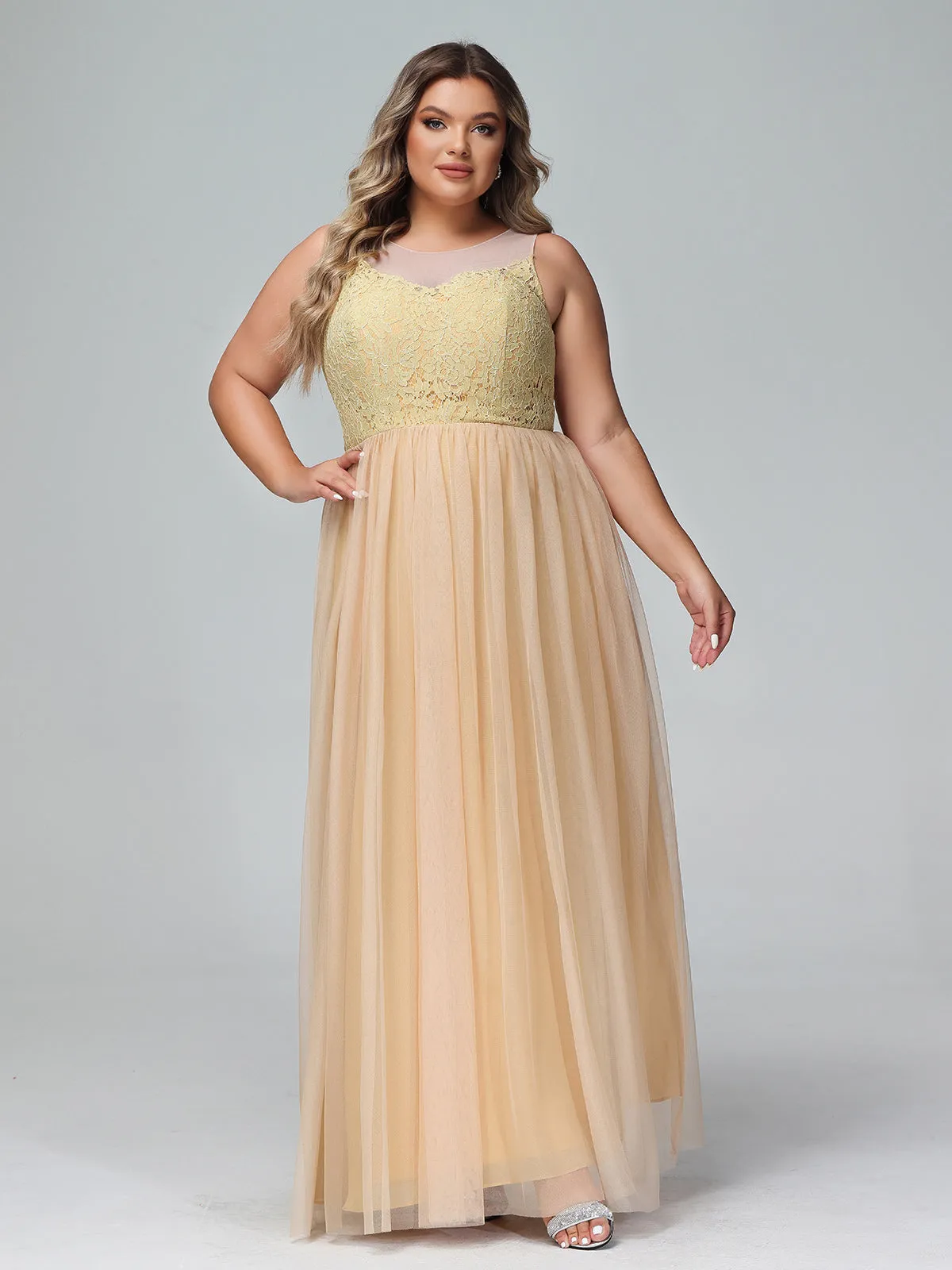 Illusion Neckline Lace and Tulle Maxi Dress-Gold Plus Size