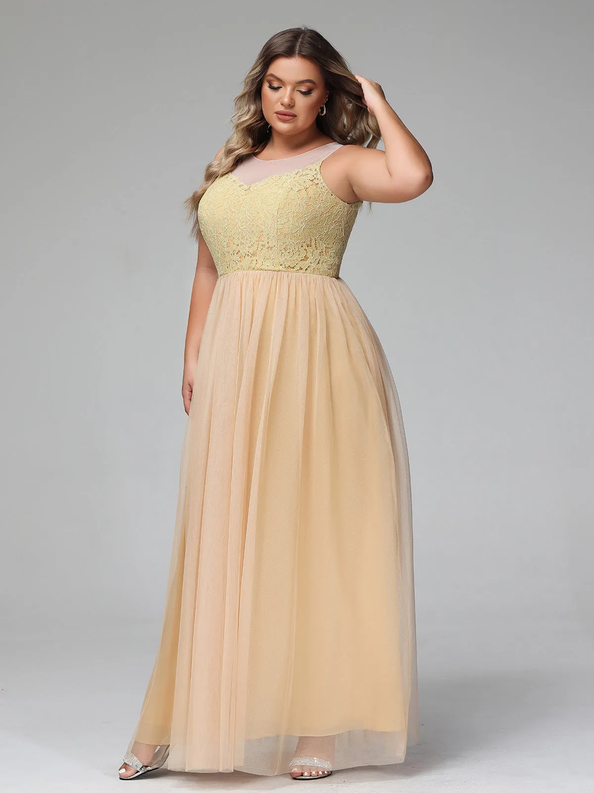 Illusion Neckline Lace and Tulle Maxi Dress-Gold Plus Size