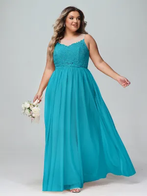 Illusion Neckline Lace and Tulle Maxi Dress-Jade Plus Size