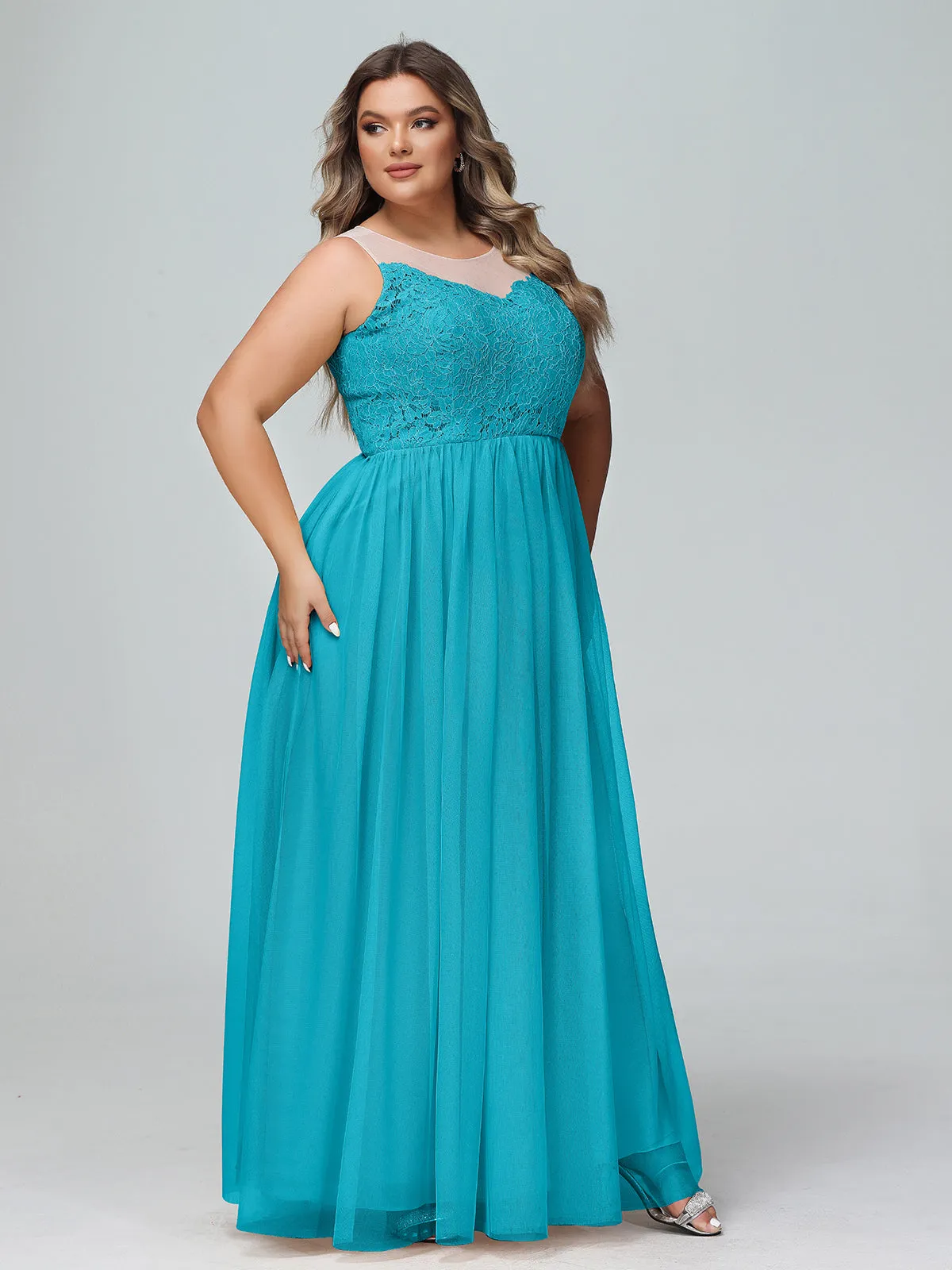 Illusion Neckline Lace and Tulle Maxi Dress-Jade Plus Size