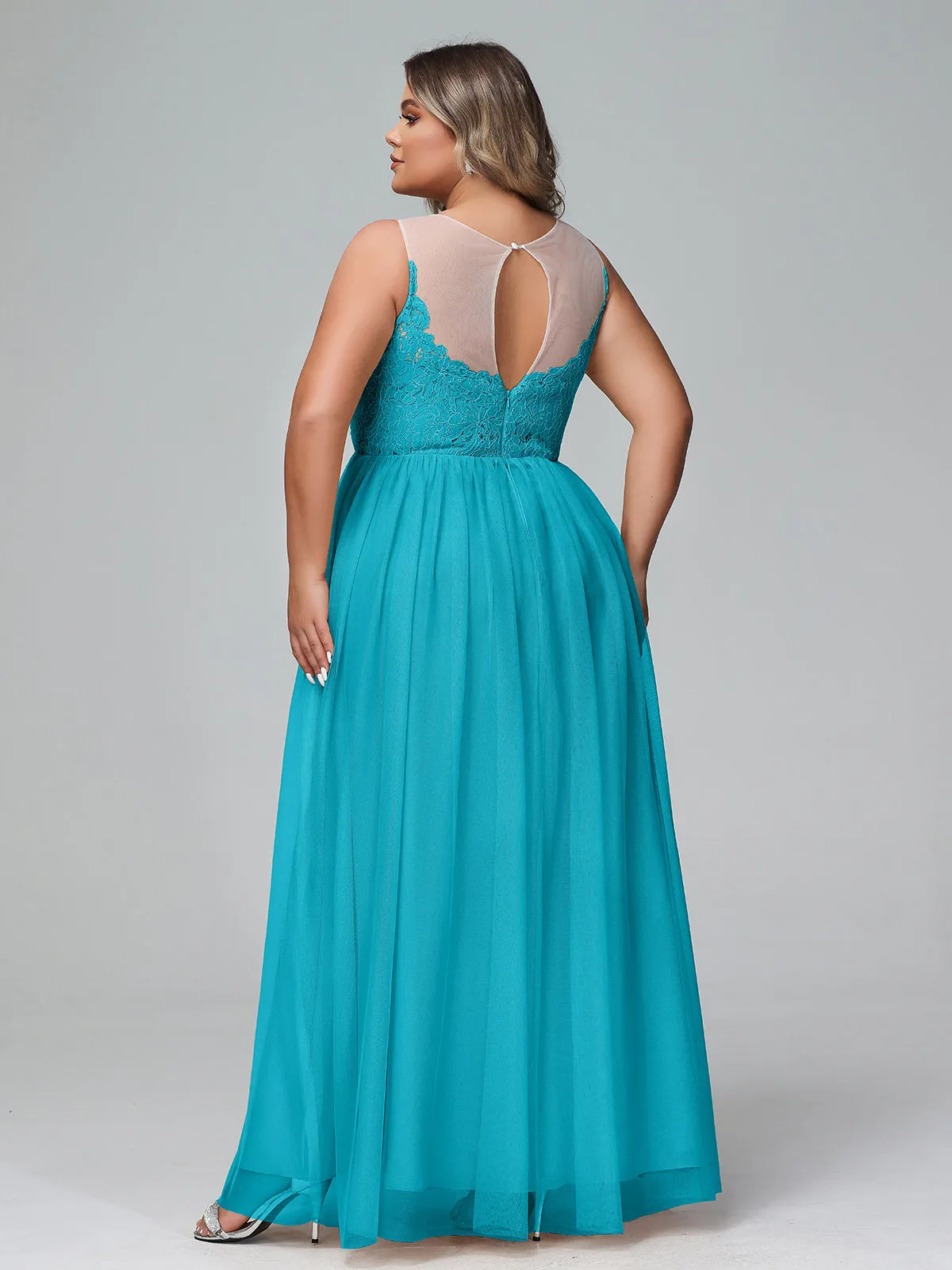 Illusion Neckline Lace and Tulle Maxi Dress-Jade Plus Size