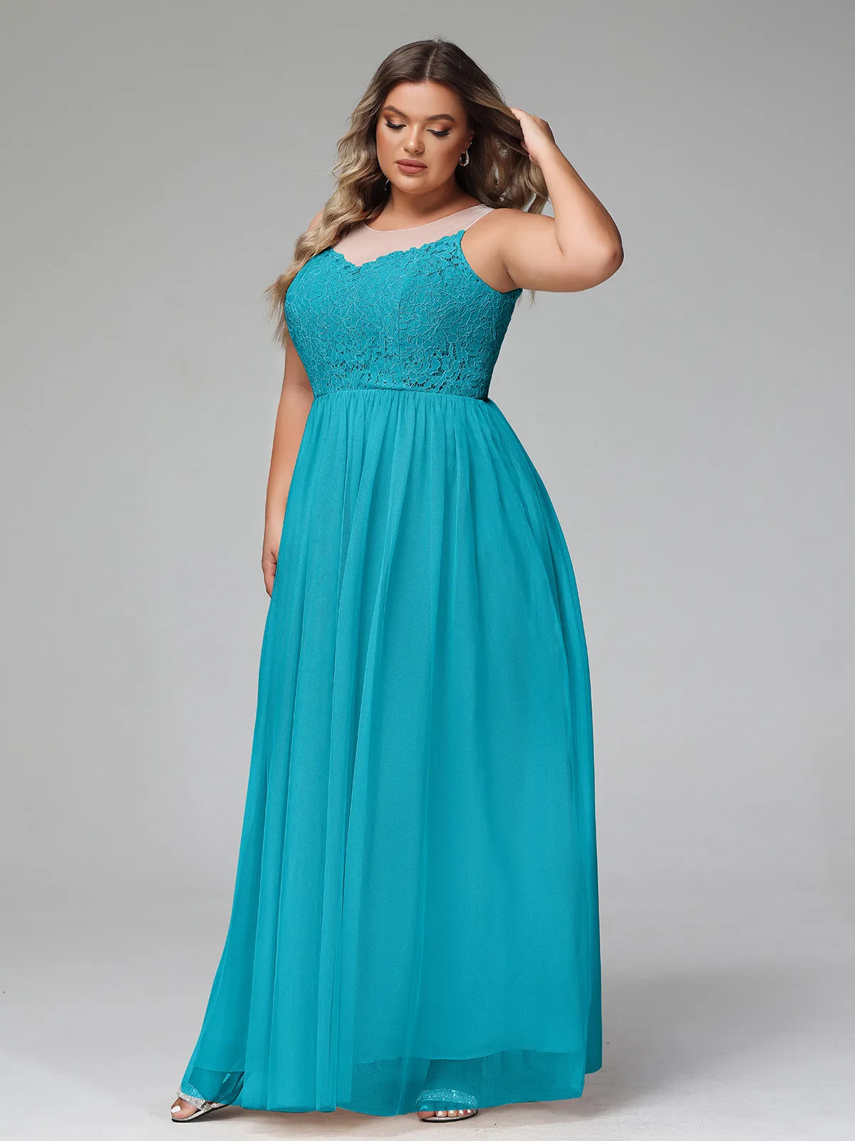 Illusion Neckline Lace and Tulle Maxi Dress-Jade Plus Size
