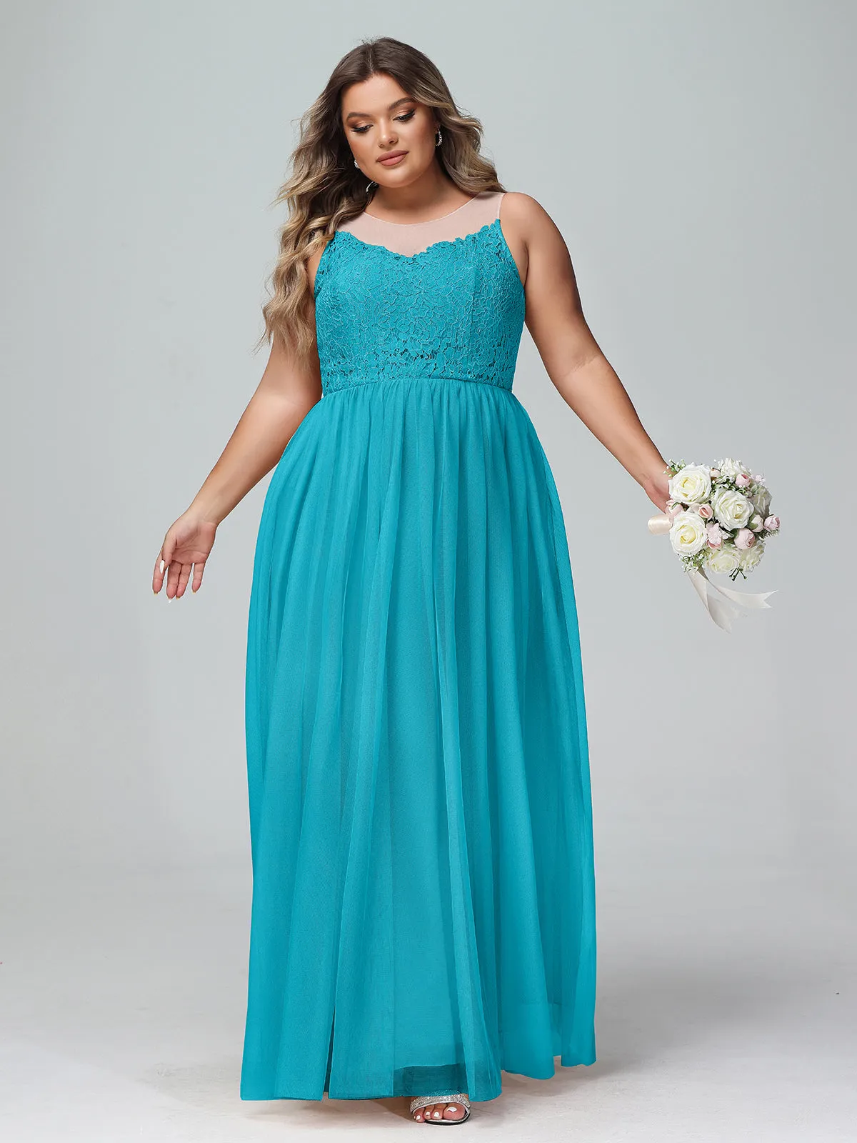 Illusion Neckline Lace and Tulle Maxi Dress-Jade Plus Size