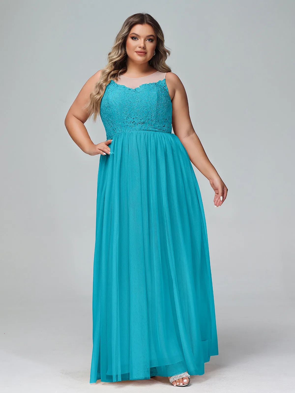Illusion Neckline Lace and Tulle Maxi Dress-Jade Plus Size