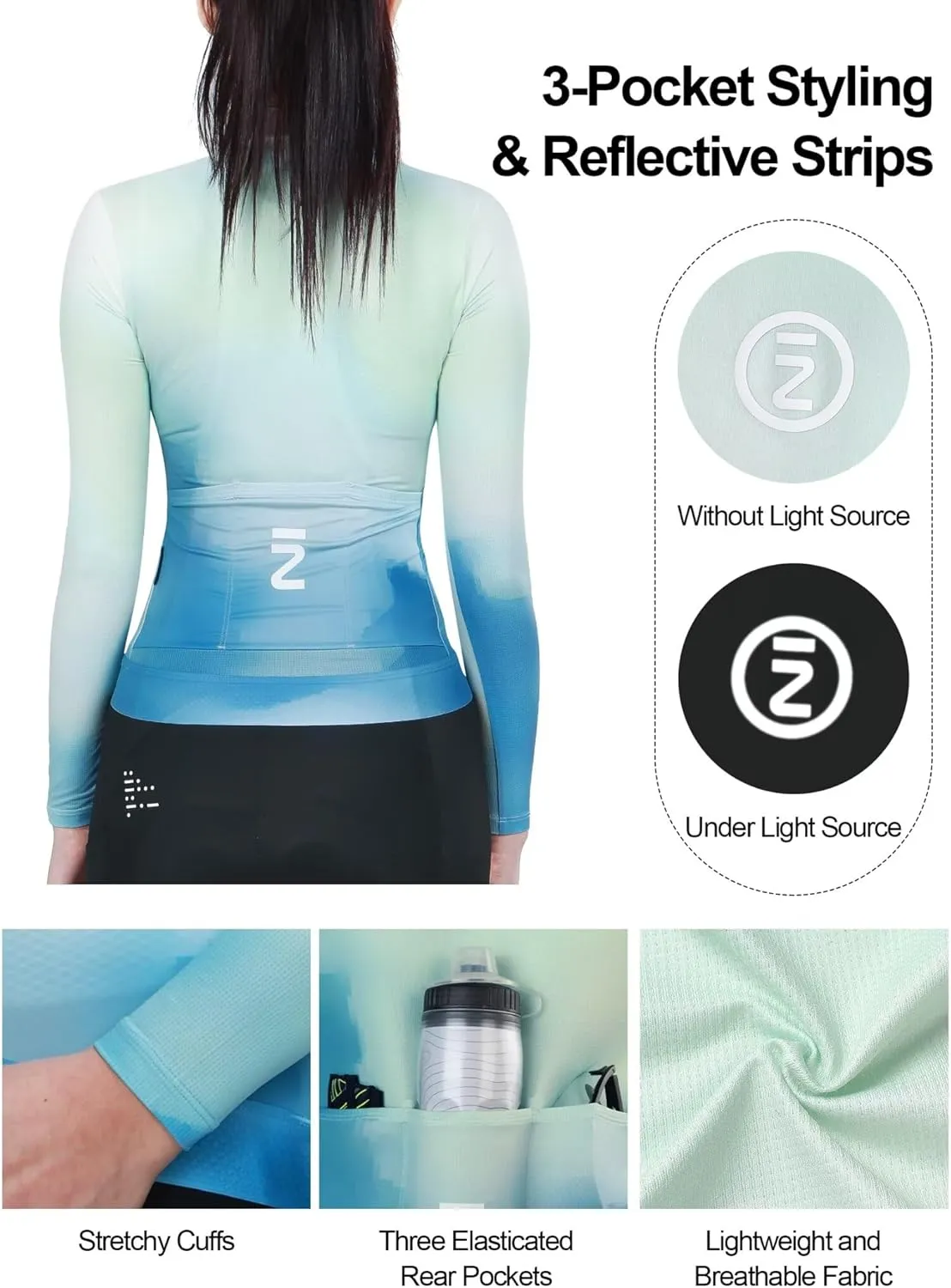 INBIKE Cycling Jersey Women Long Sleeve, Breathable Quick Dry Bike Shirt with 3 Rear Pockets, Reflective Biking Tops