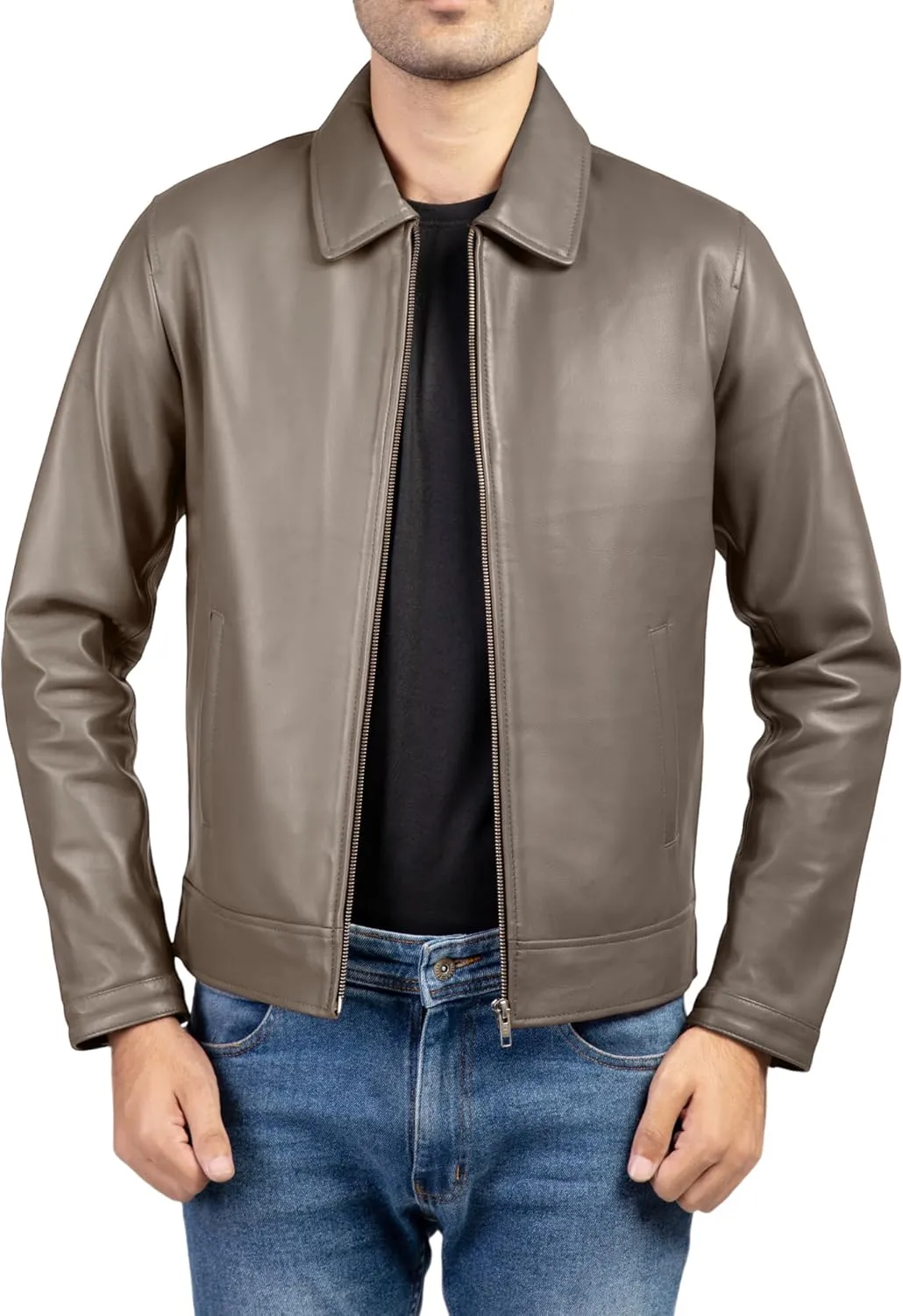 Jild Polo Collar Premium Leather Jacket Men - Old School Classic Style Everyday Wear Real Lambskin Mens Leather Jacket
