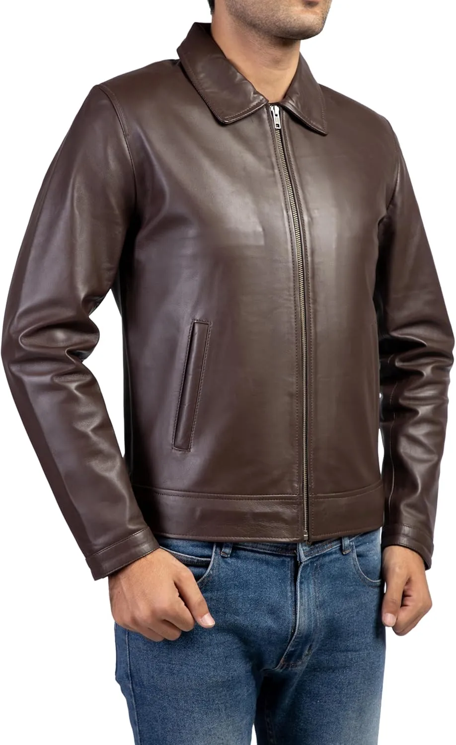 Jild Polo Collar Premium Leather Jacket Men - Old School Classic Style Everyday Wear Real Lambskin Mens Leather Jacket