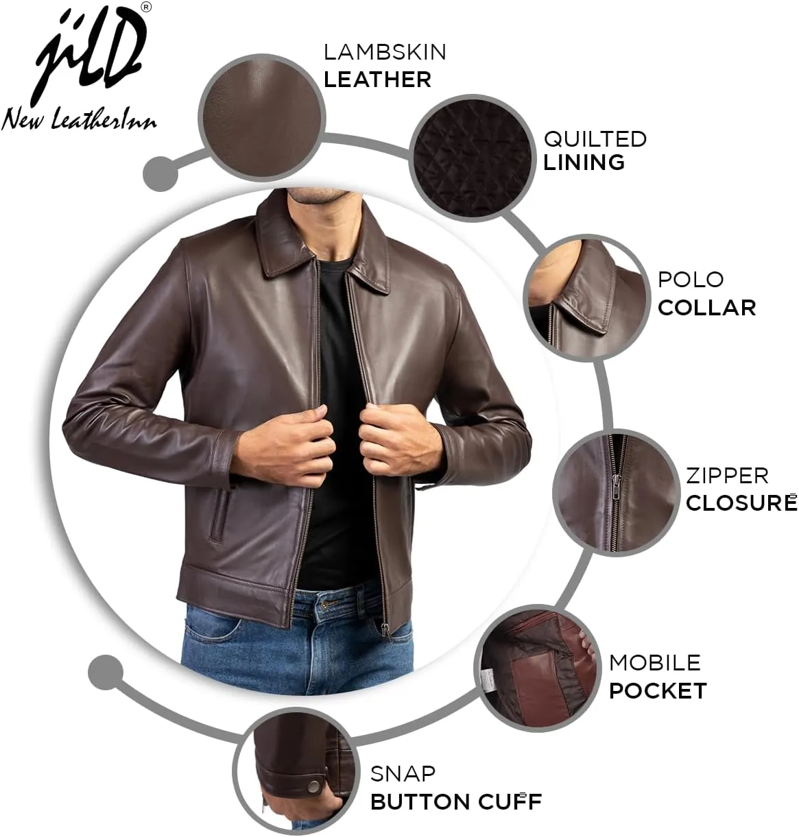 Jild Polo Collar Premium Leather Jacket Men - Old School Classic Style Everyday Wear Real Lambskin Mens Leather Jacket