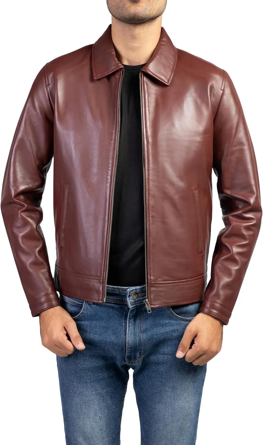 Jild Polo Collar Premium Leather Jacket Men - Old School Classic Style Everyday Wear Real Lambskin Mens Leather Jacket