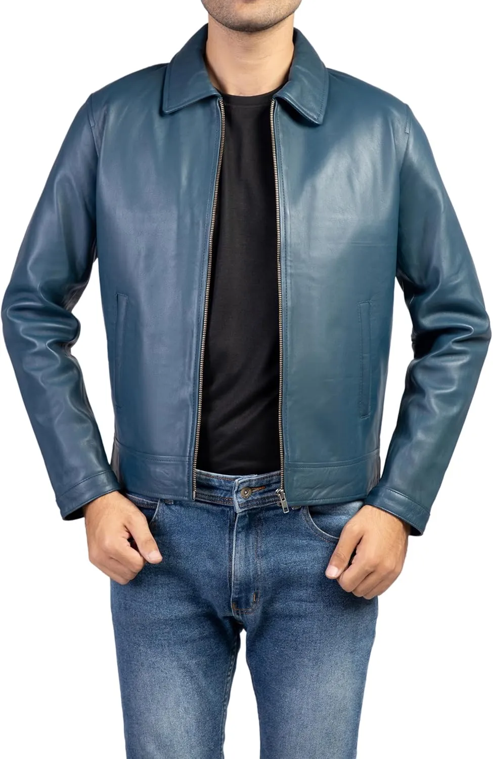 Jild Polo Collar Premium Leather Jacket Men - Old School Classic Style Everyday Wear Real Lambskin Mens Leather Jacket