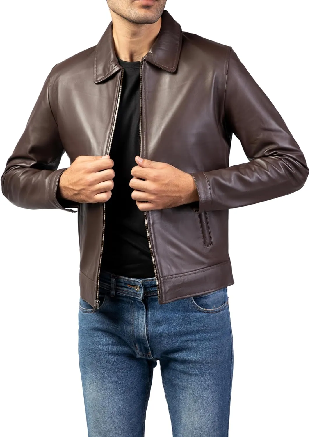 Jild Polo Collar Premium Leather Jacket Men - Old School Classic Style Everyday Wear Real Lambskin Mens Leather Jacket