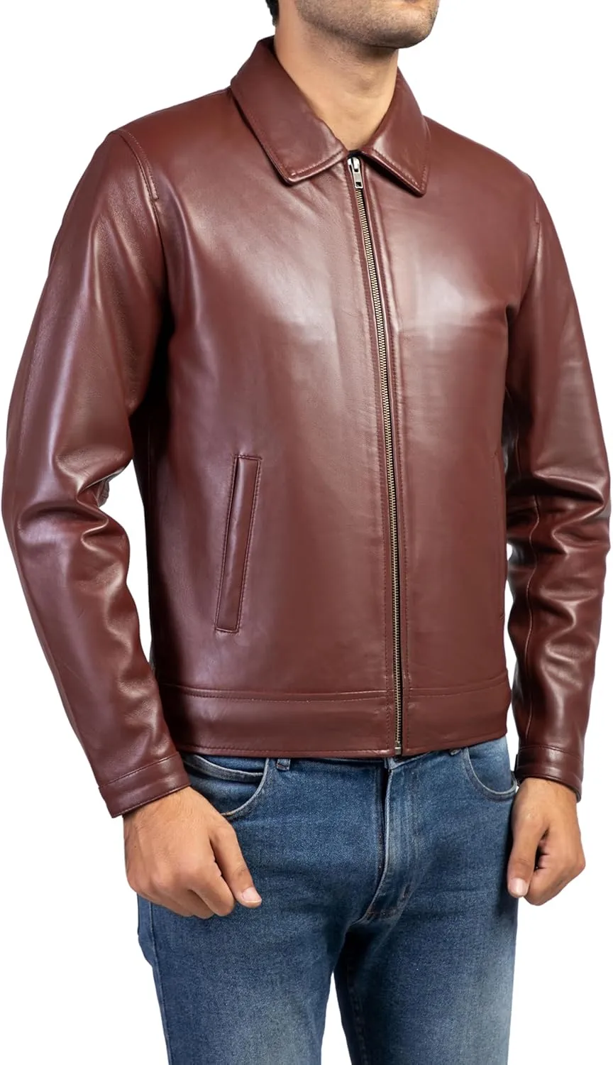 Jild Polo Collar Premium Leather Jacket Men - Old School Classic Style Everyday Wear Real Lambskin Mens Leather Jacket