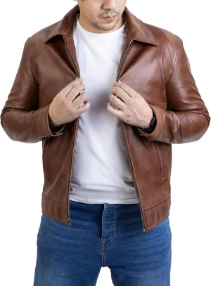 Jild Polo Collar Premium Leather Jacket Men - Old School Classic Style Everyday Wear Real Lambskin Mens Leather Jacket