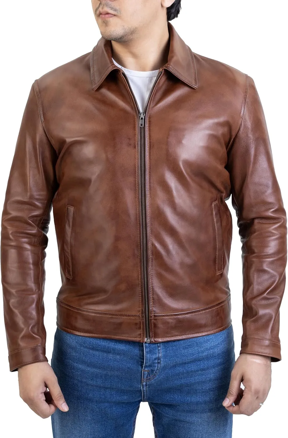 Jild Polo Collar Premium Leather Jacket Men - Old School Classic Style Everyday Wear Real Lambskin Mens Leather Jacket