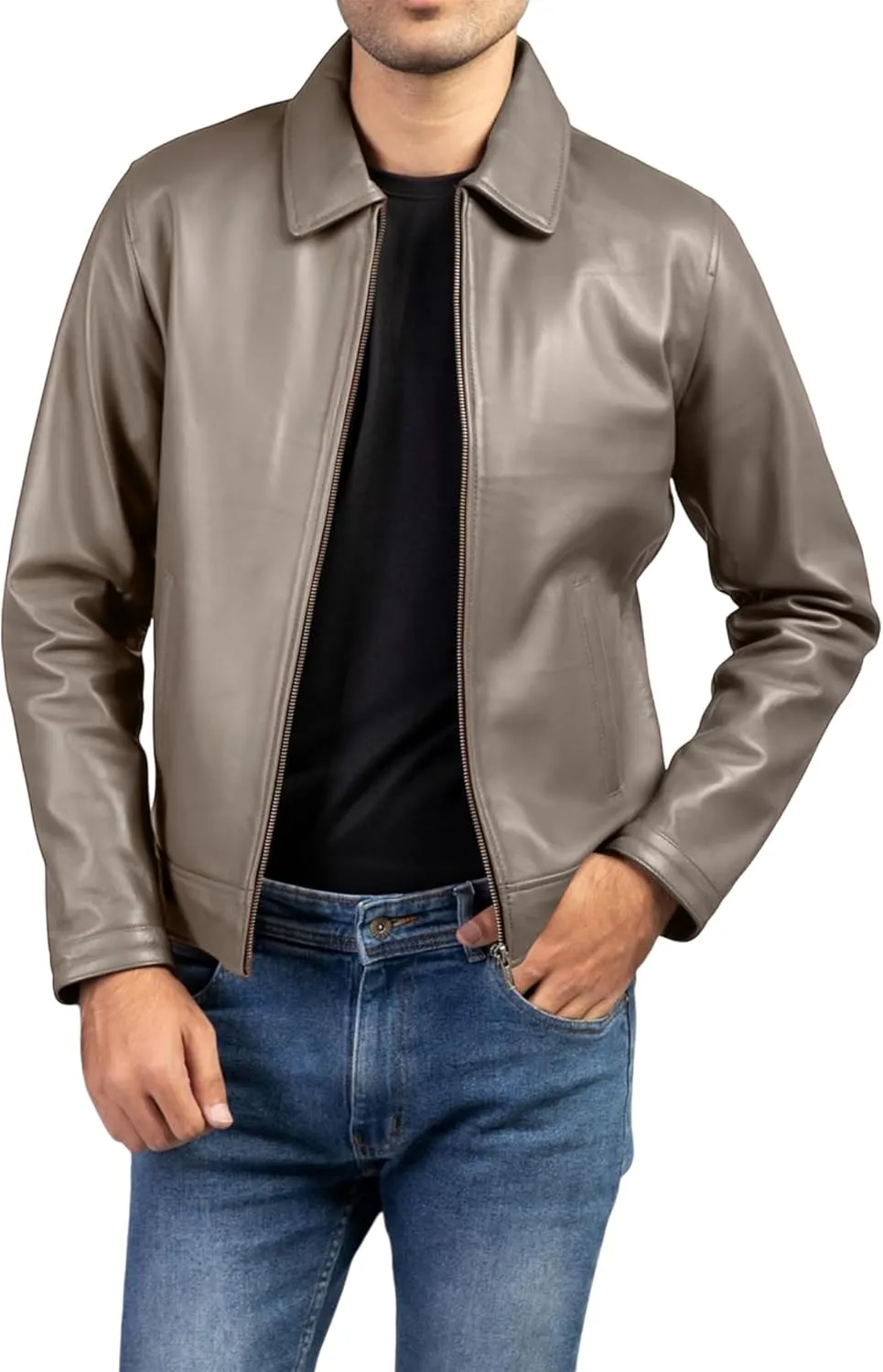 Jild Polo Collar Premium Leather Jacket Men - Old School Classic Style Everyday Wear Real Lambskin Mens Leather Jacket