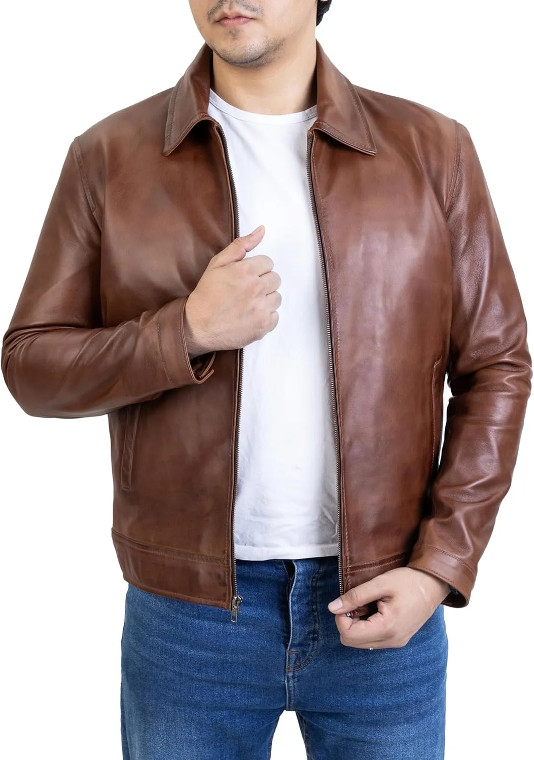 Jild Polo Collar Premium Leather Jacket Men - Old School Classic Style Everyday Wear Real Lambskin Mens Leather Jacket