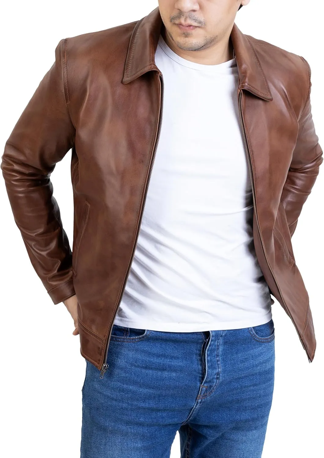 Jild Polo Collar Premium Leather Jacket Men - Old School Classic Style Everyday Wear Real Lambskin Mens Leather Jacket