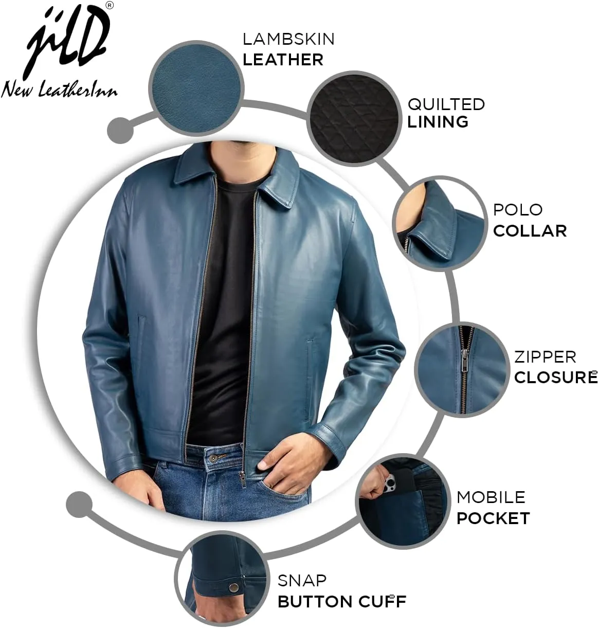 Jild Polo Collar Premium Leather Jacket Men - Old School Classic Style Everyday Wear Real Lambskin Mens Leather Jacket