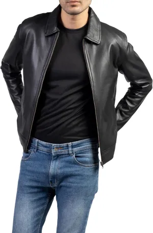 Jild Polo Collar Premium Leather Jacket Men - Old School Classic Style Everyday Wear Real Lambskin Mens Leather Jacket