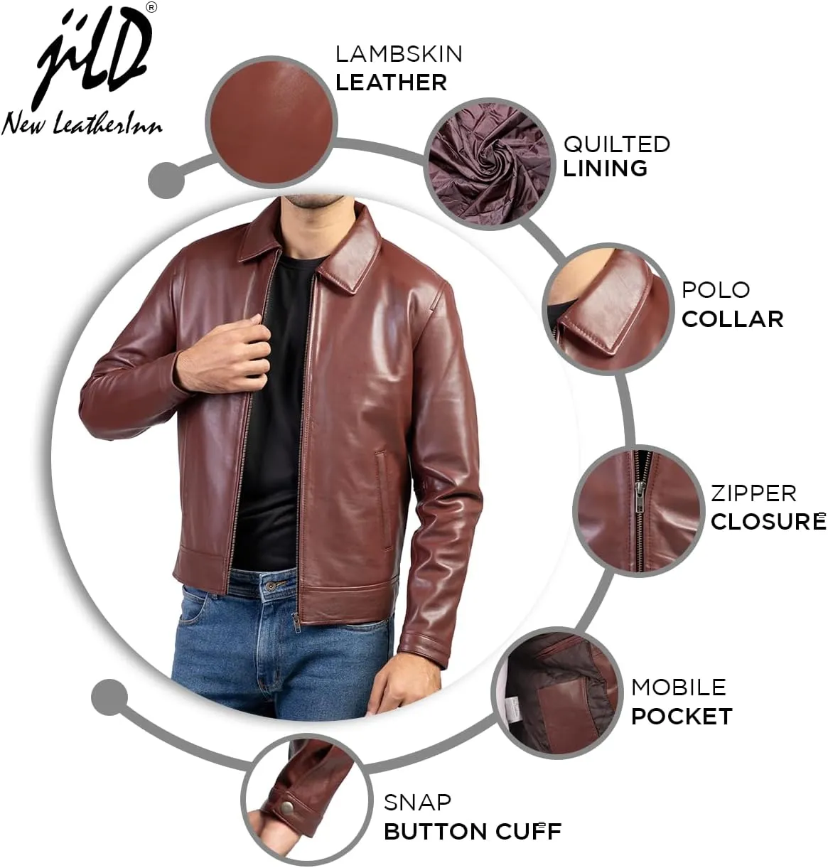 Jild Polo Collar Premium Leather Jacket Men - Old School Classic Style Everyday Wear Real Lambskin Mens Leather Jacket