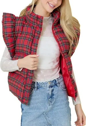 Kedera Women's Ruffle Sleeve Puffy Puffer Vests Winter Button Down Padded Gilet with Pocket