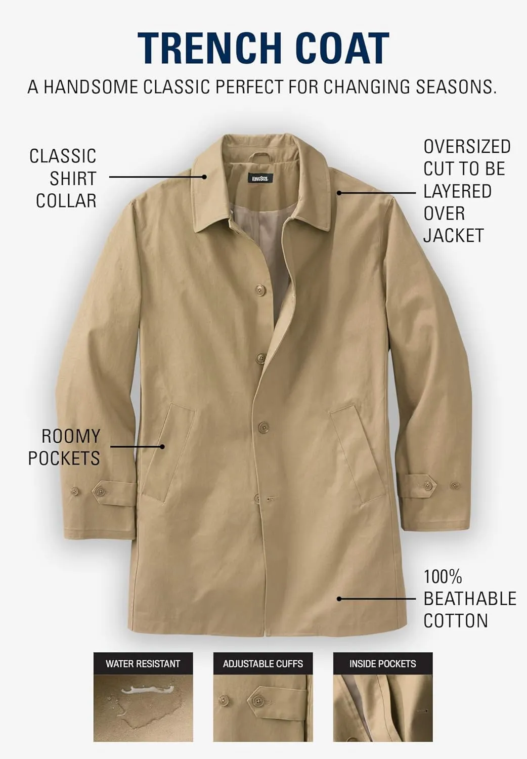 KingSize Men's Big & Tall Tall Water-Resistant Trench Coat