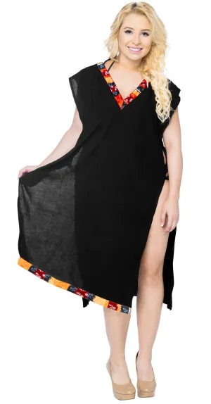 LA LEELA Bikini Swim Beach wear Swimsuit Cover ups Women Caftan Dress Solid OSFM 8-14 [M- L] Halloween Black_B965