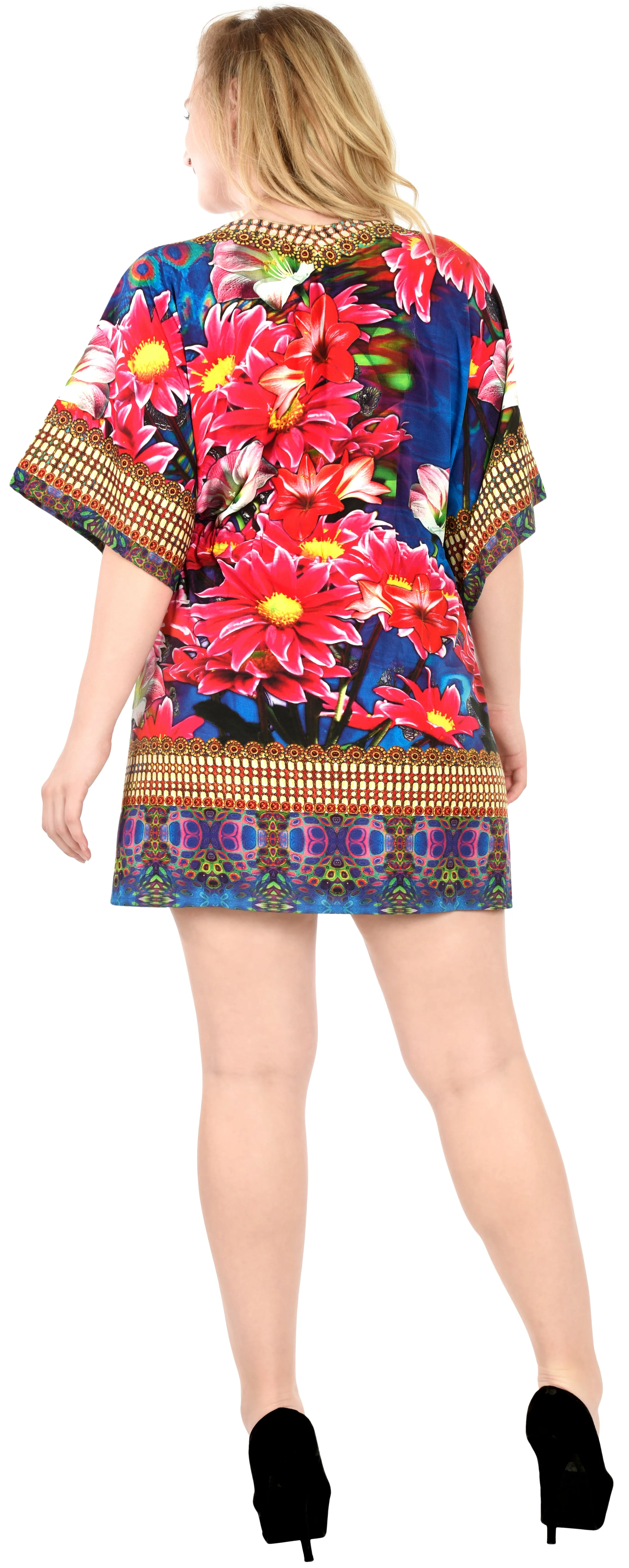 LA LEELA Bikni Swimwear Digital HD Print Tunic Vintage Cover Up OSFM 14-28 [L-4X] Floral Printed Royal Blue_3689