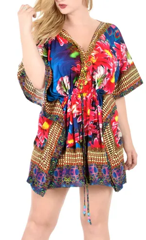 LA LEELA Bikni Swimwear Digital HD Print Tunic Vintage Cover Up OSFM 14-28 [L-4X] Floral Printed Royal Blue_3689