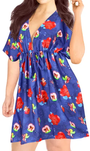 LA LEELA Bikni Swimwear Digital HD Print Tunic Vintage Cover Up Valentine Day Blue_Y639