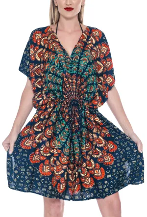 LA LEELA Bikni Swimwear Soft fabric Printed Beachwear Loose Cover Up OSFM 14-24W [L- 3X] Navy Blue_T733