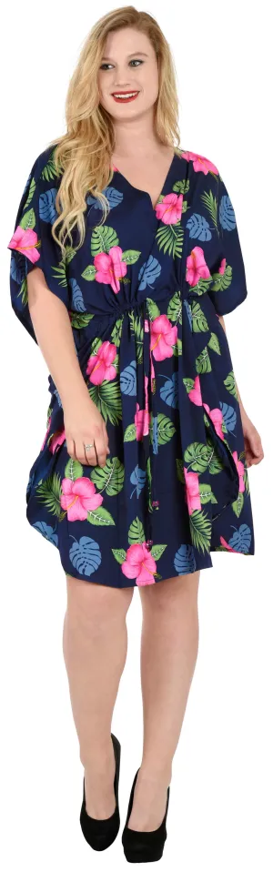 LA LEELA Bikni Swimwear Soft fabric Printed Beachwear Loose Cover Up OSFM 16-28W [XL- 4X] Navy Blue_V615