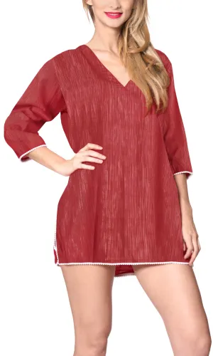 LA LEELA Chiffon Solid Sundress Womens Cover Up OSFM 16-18 [ XL] Blood Red_A592