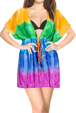 LA LEELA Cotton Tie_Dye Short Caftan Vacation Dress Pink_B109