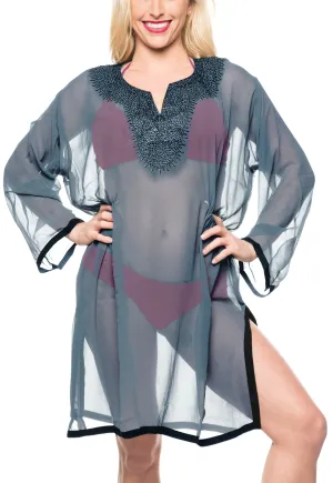 LA LEELA Swimwear Chiffon Solid Bikini Cover Up Swimsuit OSFM 8-18 [M-XL] Grey_592