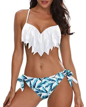 Laser Cut Out Pattern Handkerchief Colorblock Bikini For Women-White Leaf